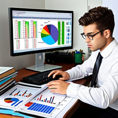 Home 19 **Image Prompt:** A determined-looking professional in a modern office, studying financial charts and data on a computer screen, books and study materials scattered around them. Emphasize the dedication and hard work needed for CFA exam preparation.