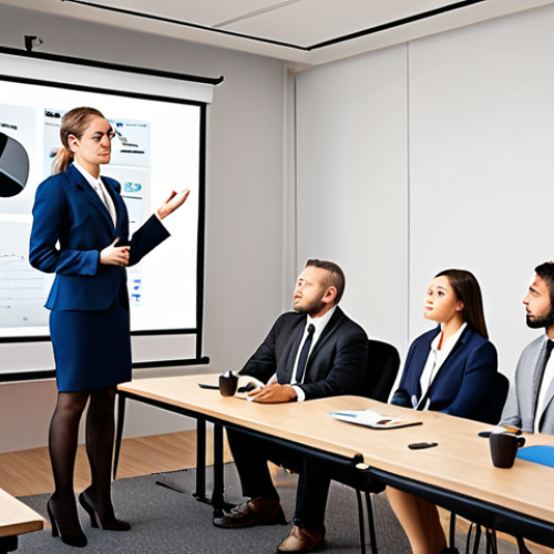 Home 18 **Image:** A person confidently giving a presentation to a diverse audience, showcasing strong communication skills. The backdrop could be a modern office setting or a financial conference. The scene should convey professionalism and clarity in conveying financial concepts.